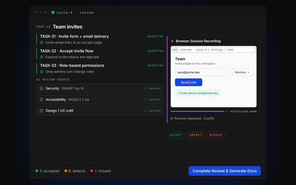 Illustration of the review screen: per-task acceptance, security/accessibility/design review agents and a recorded preview walkthrough