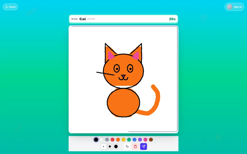 A solo round in progress: draw the word before the 45-second timer runs out.