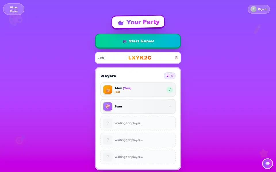 A party lobby with its room code and two players.