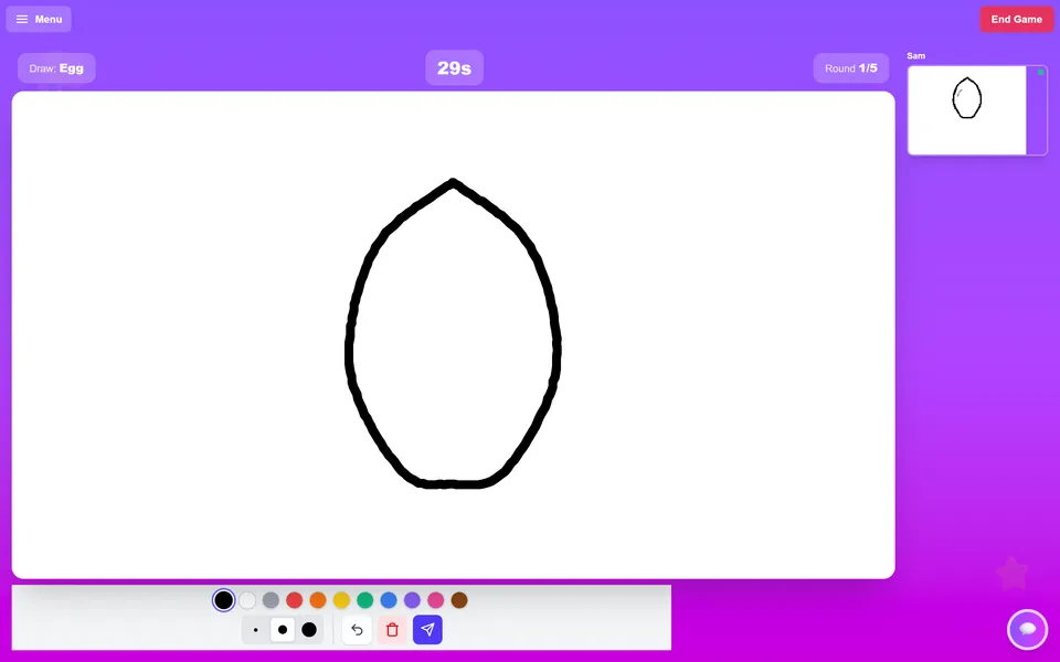 A party round, with the other player's sketch appearing live in the side canvas.