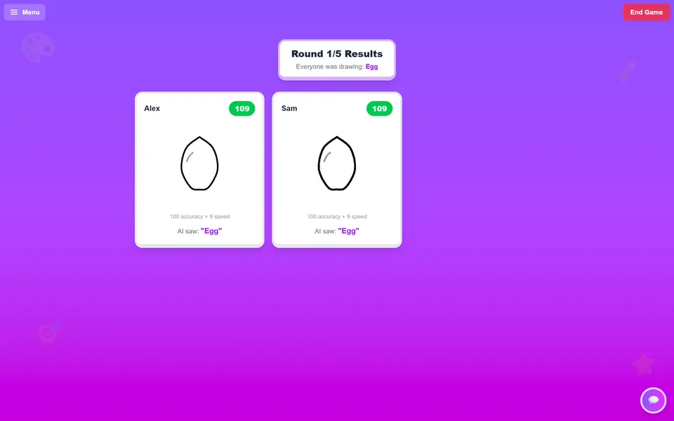 Round results showing each player's sketch, score and what the AI saw.