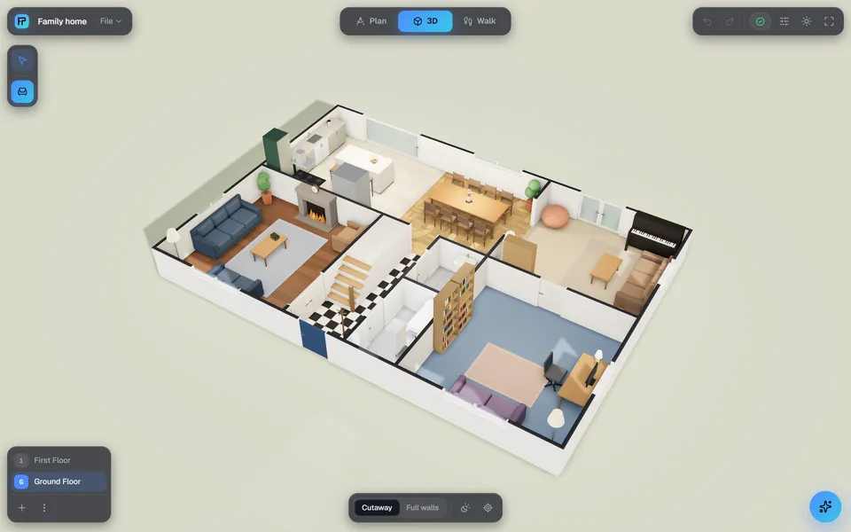 The same ground floor as a 3D cutaway model with furniture, flooring and lighting.