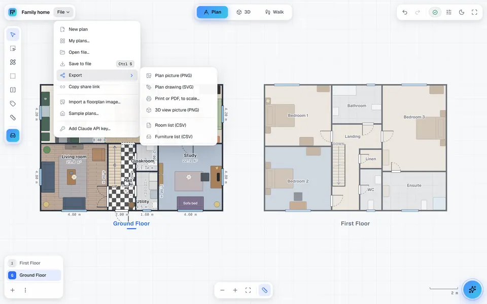 Light theme with the Export menu: PNG, SVG, print to scale, 3D picture and CSV lists.