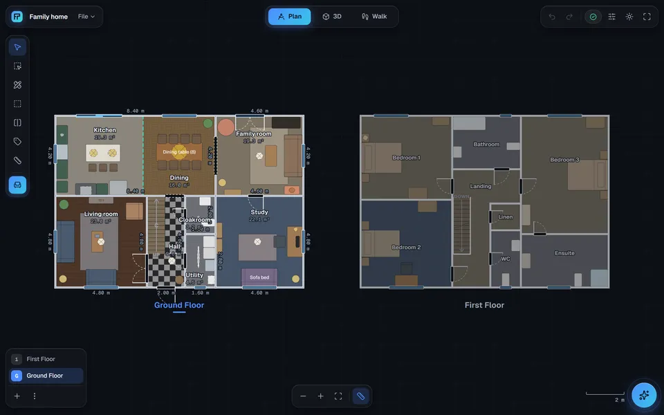 The furnished two-storey Family home sample, with both floors drawn side by side to scale.