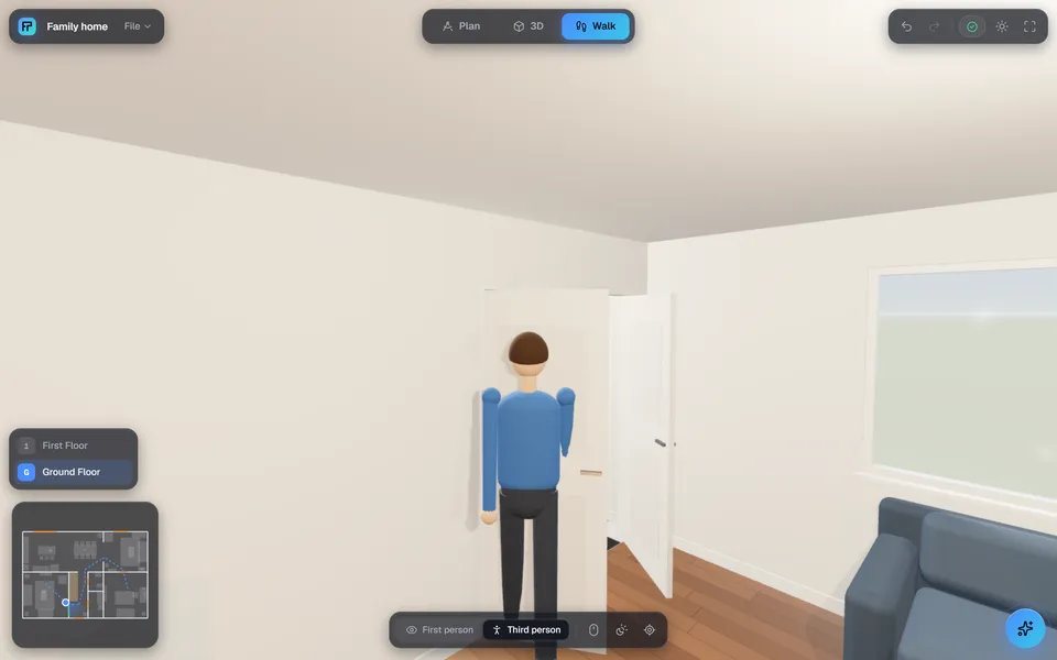 Walk mode in third person, with a door swinging open on the route shown on the minimap.