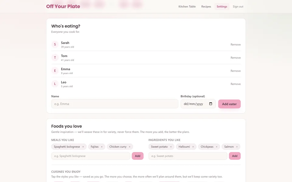 Family settings: who's eating, foods they love and the cuisines they enjoy. Allergies are flagged separately so the AI treats them as hard rules.