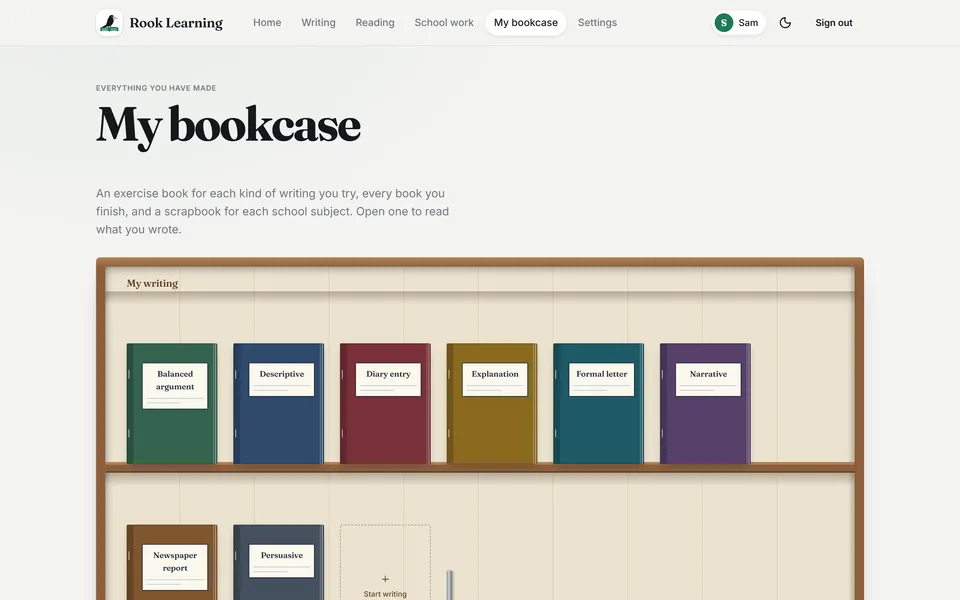 Each kind of writing becomes an exercise book on the student's bookcase.