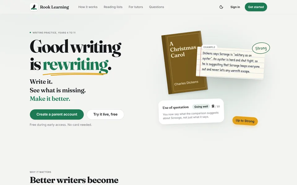 The home page leads with the idea behind Rook: good writing is rewriting.