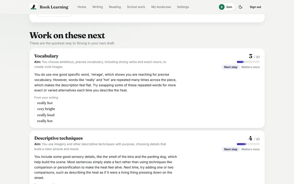 The AI marks each check out of 10 and quotes the child's own words as evidence.