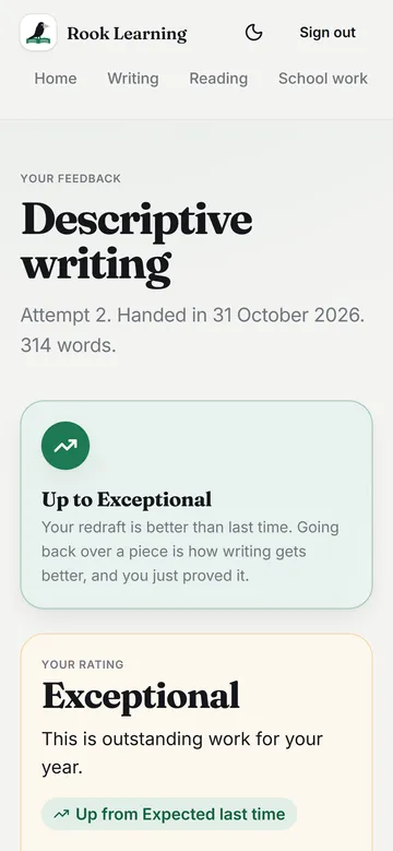 On a phone, the redraft result celebrates the move up to Exceptional.
