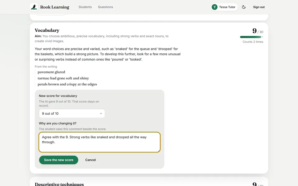 Tutors can override any AI score and leave a note the student will see.