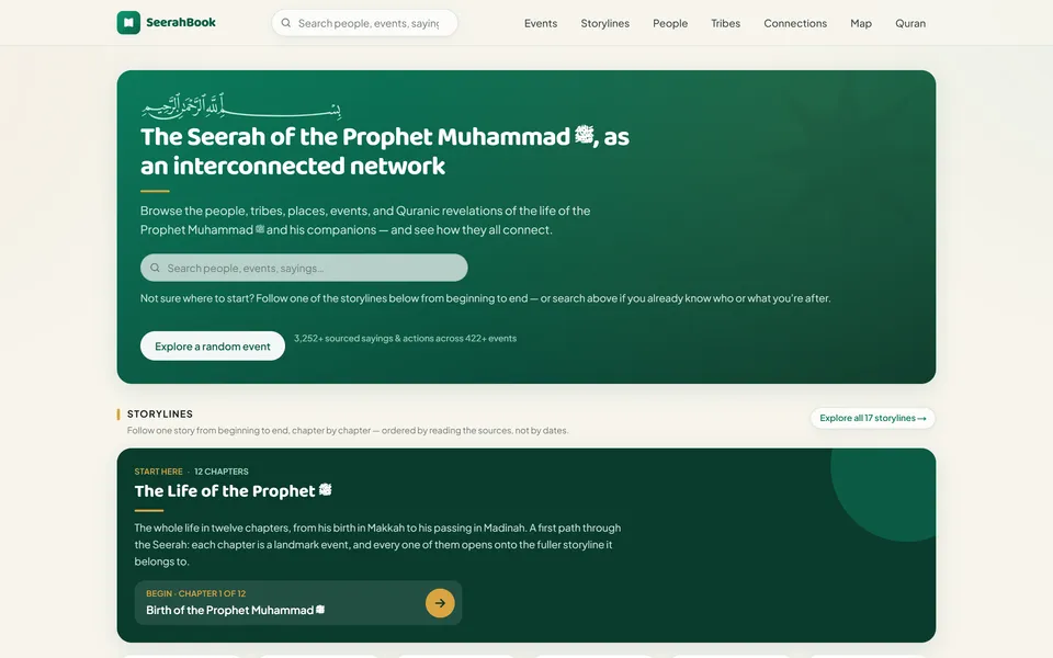 The home page presents the Seerah of the Prophet Muhammad ﷺ as an interconnected network.