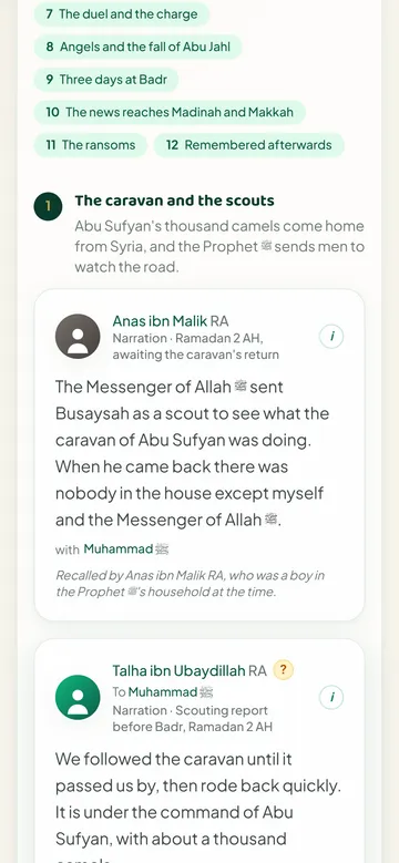 On a phone, each event's sayings read as a threaded, sourced feed.