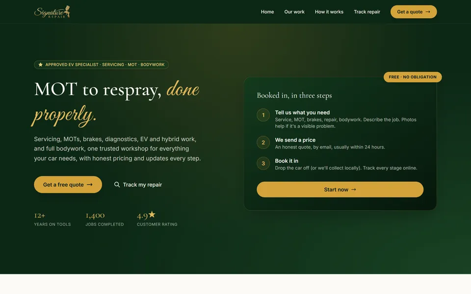 The homepage hero sets out the garage's services, a three-step booking summary and headline stats.
