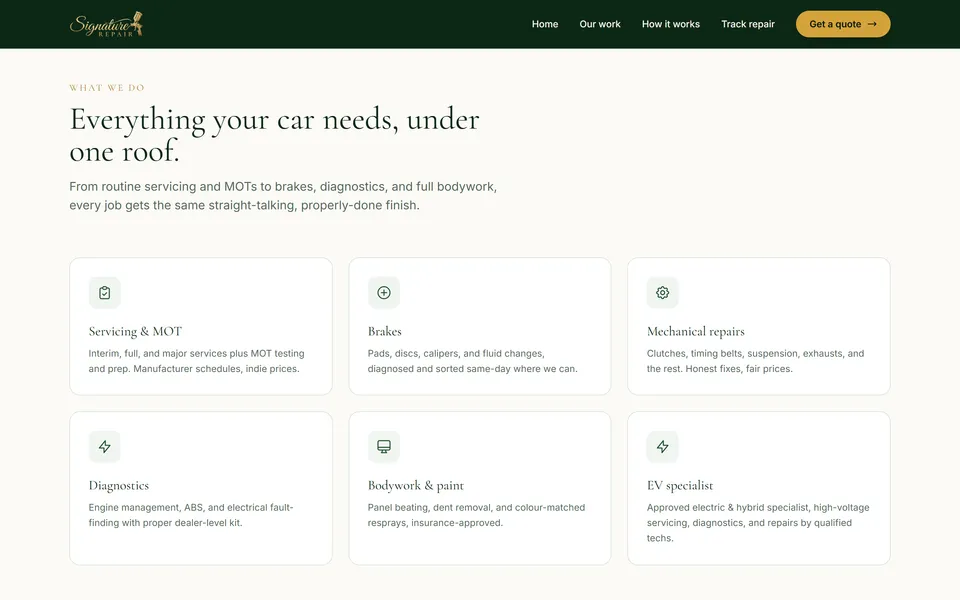 Six service cards cover servicing and MOT, brakes, mechanical, diagnostics, bodywork and EV work.