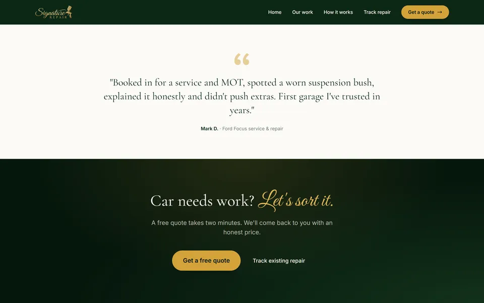 A customer testimonial leads into the free-quote call to action.