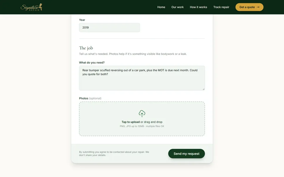 The quote form takes the job description and optional photo uploads (shown filled in, not submitted).