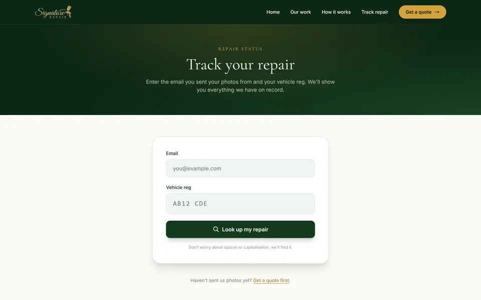 Customers look up their repair's progress with just their email and vehicle reg.