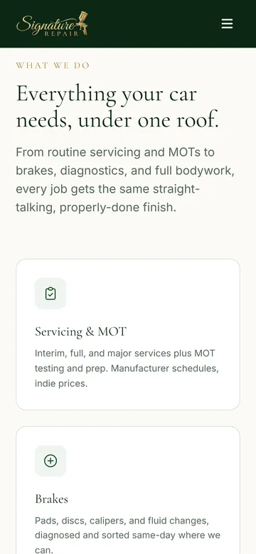 Service cards stack into a single readable column on mobile.
